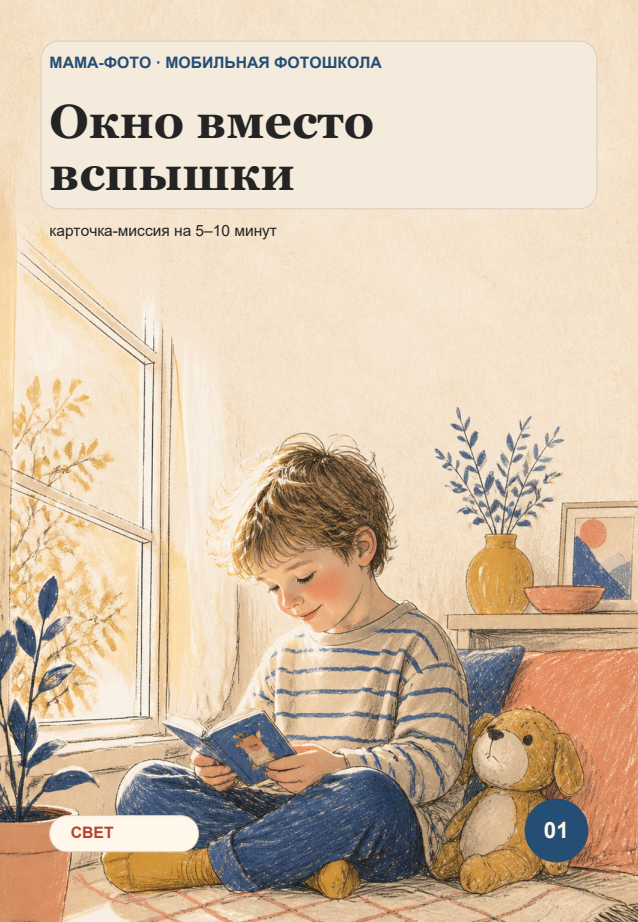 Карточка «Окно вместо вспышки»: ребёнок читает у окна
